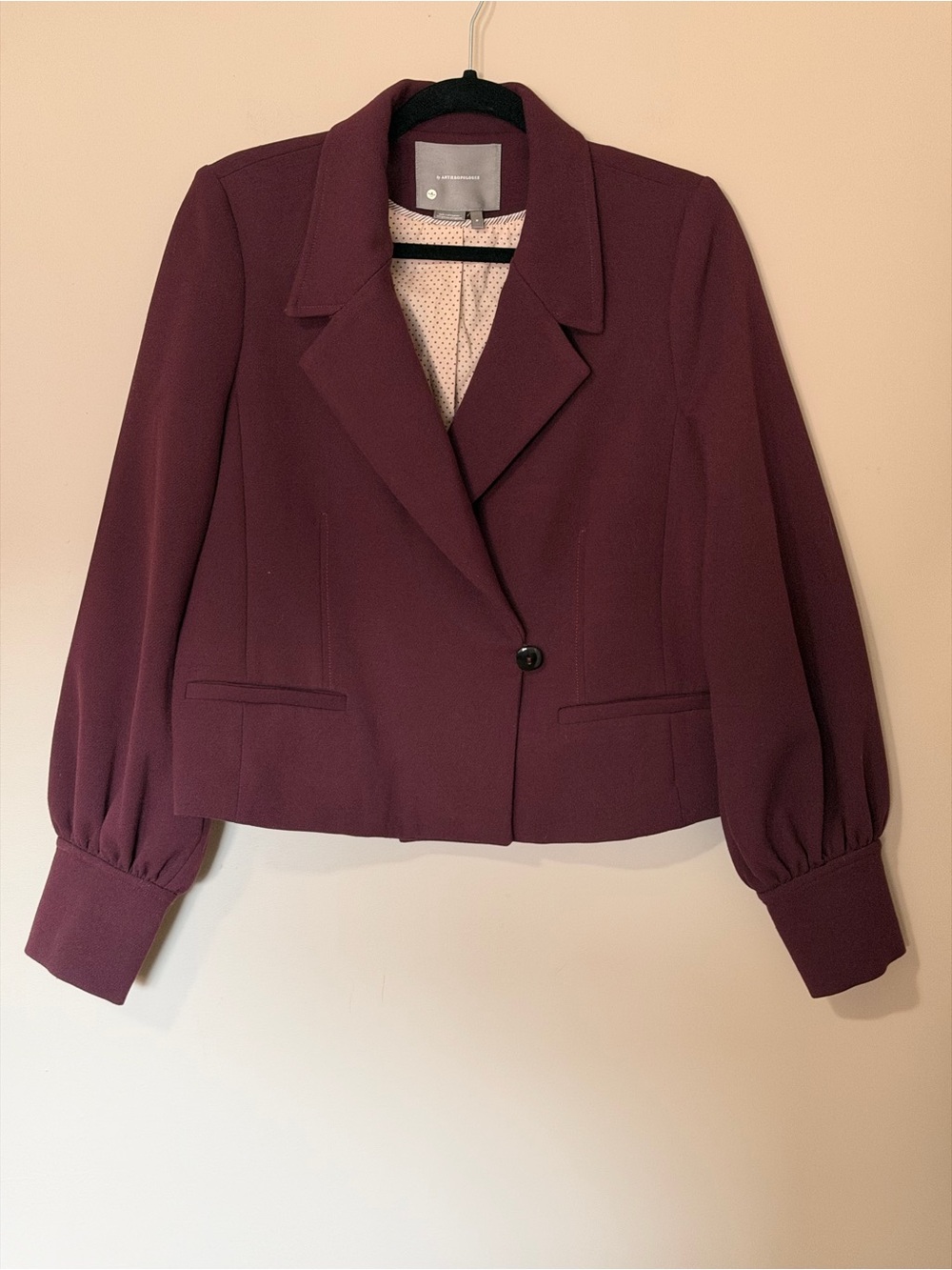 NWOT Anthropologie Burgundy Cropped Blazer Puff Sleeves Two-Button Cuffs Jacket